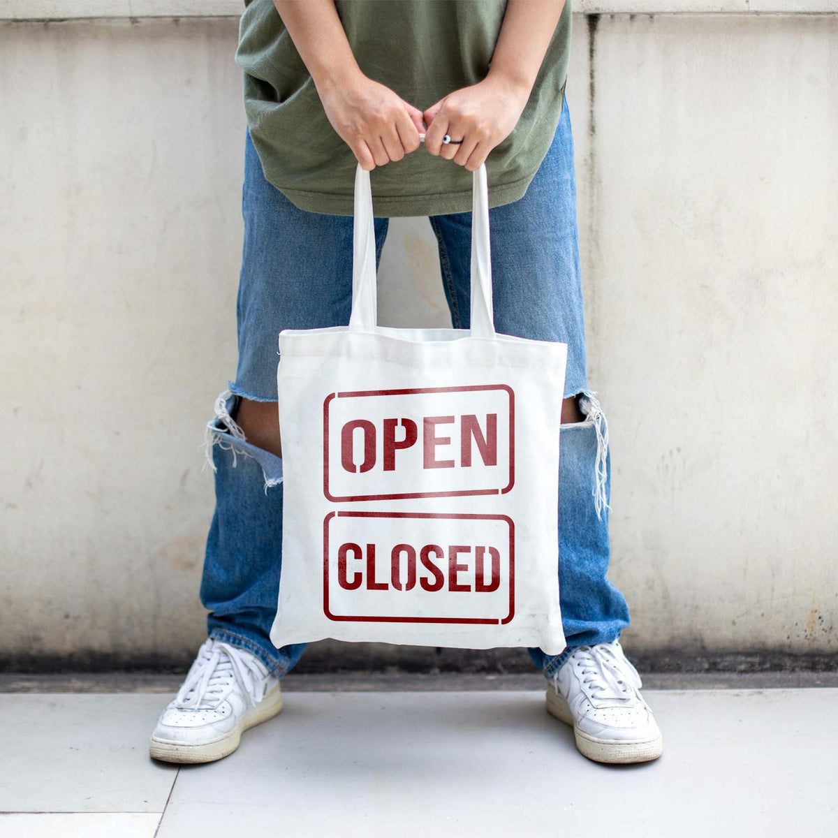 Open & Closed Sign Stencil gives a white tote bag bold framed OPEN and CLOSED lettering
