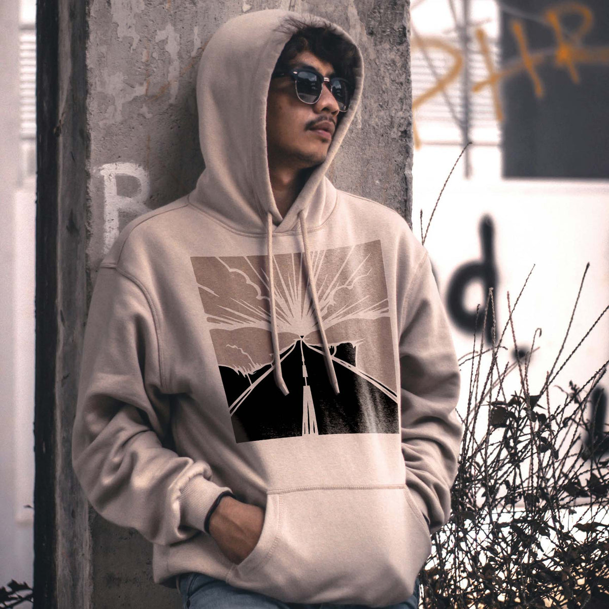 Hoodie displays the Open Road Sunrise Landscape Stencil with a highway stretching toward the horizon