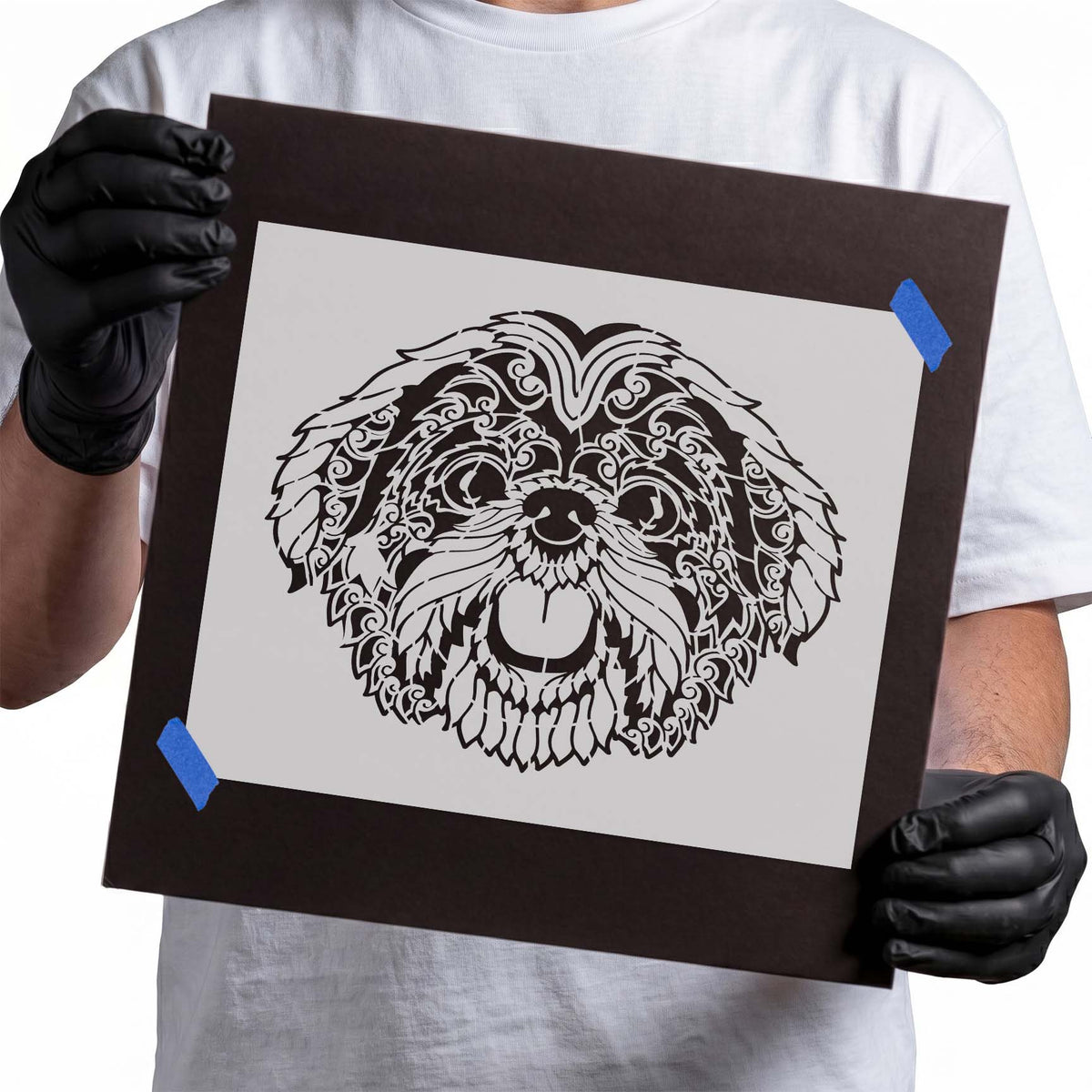 Ornate Shih Tzu stencil with detailed fur and swirling decorative patterns