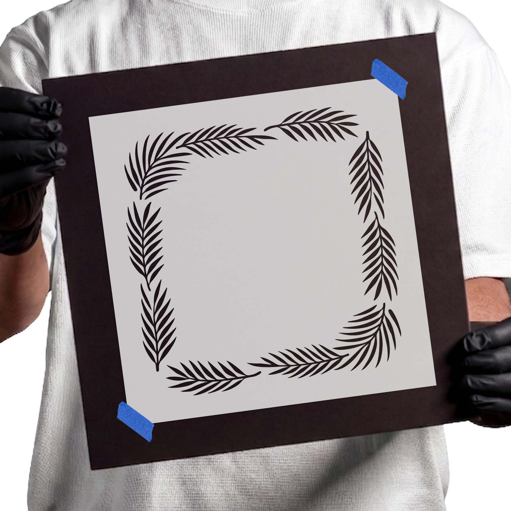 Palm Frond Border Stencil featuring an elegant frame of tropical palm leaves.
