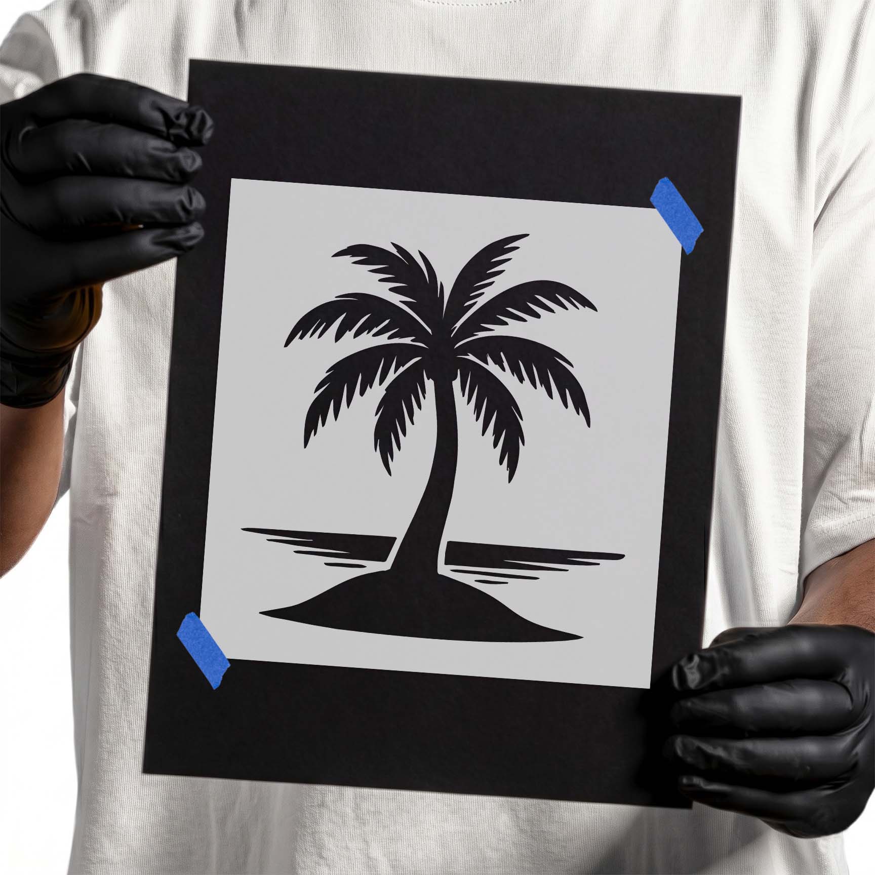 Palm tree on a small island stencil with calm ocean water silhouette
