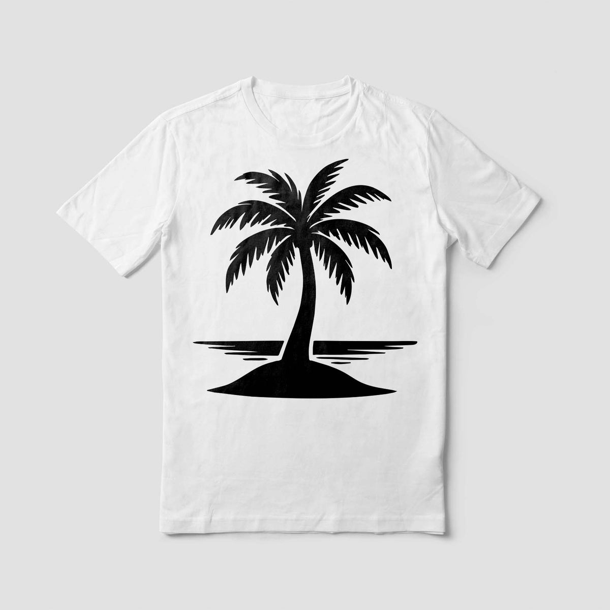 Palm Tree on Island Stencil painted in black on a white T-shirt with tropical shoreline details