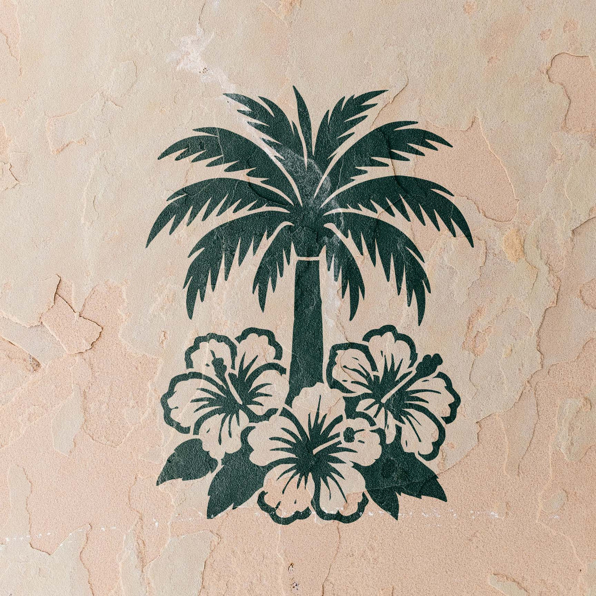 Palm Tree and Hibiscus Flowers Stencil painted dark green on a textured stucco wall