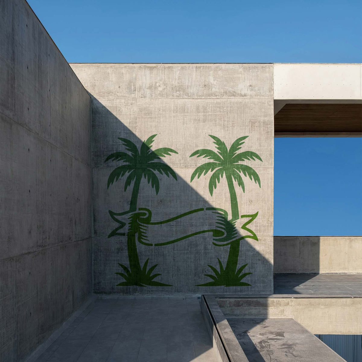 Tropical Palm Trees with Blank Banner stencil accents a modern concrete wall