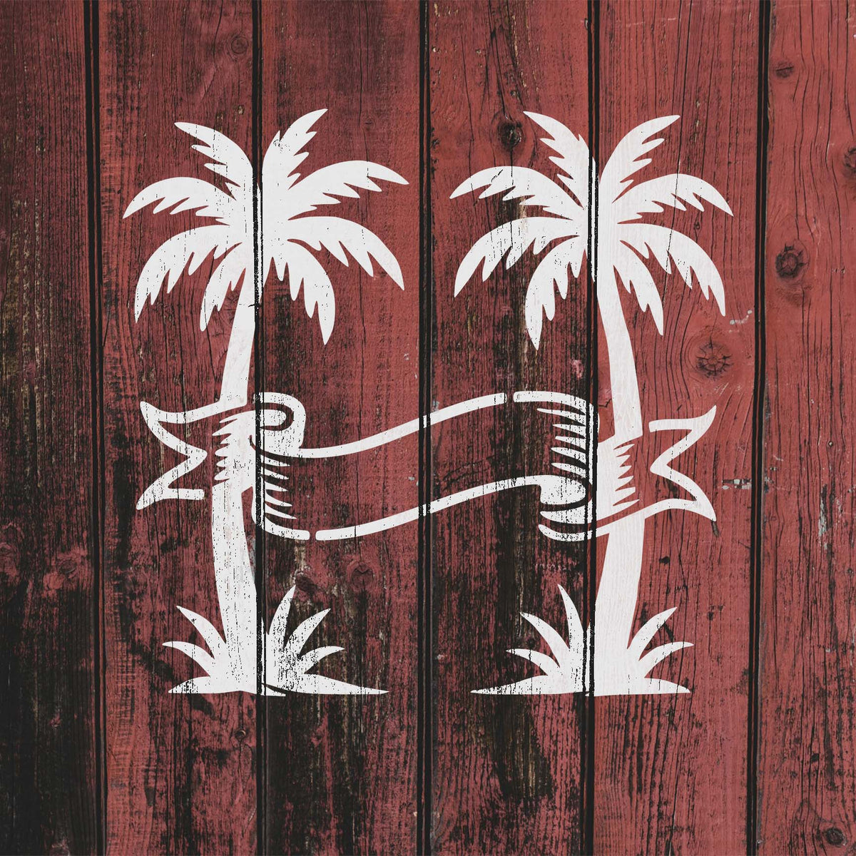 Palm Trees with Blank Banner stencil stands out across rustic red wood
