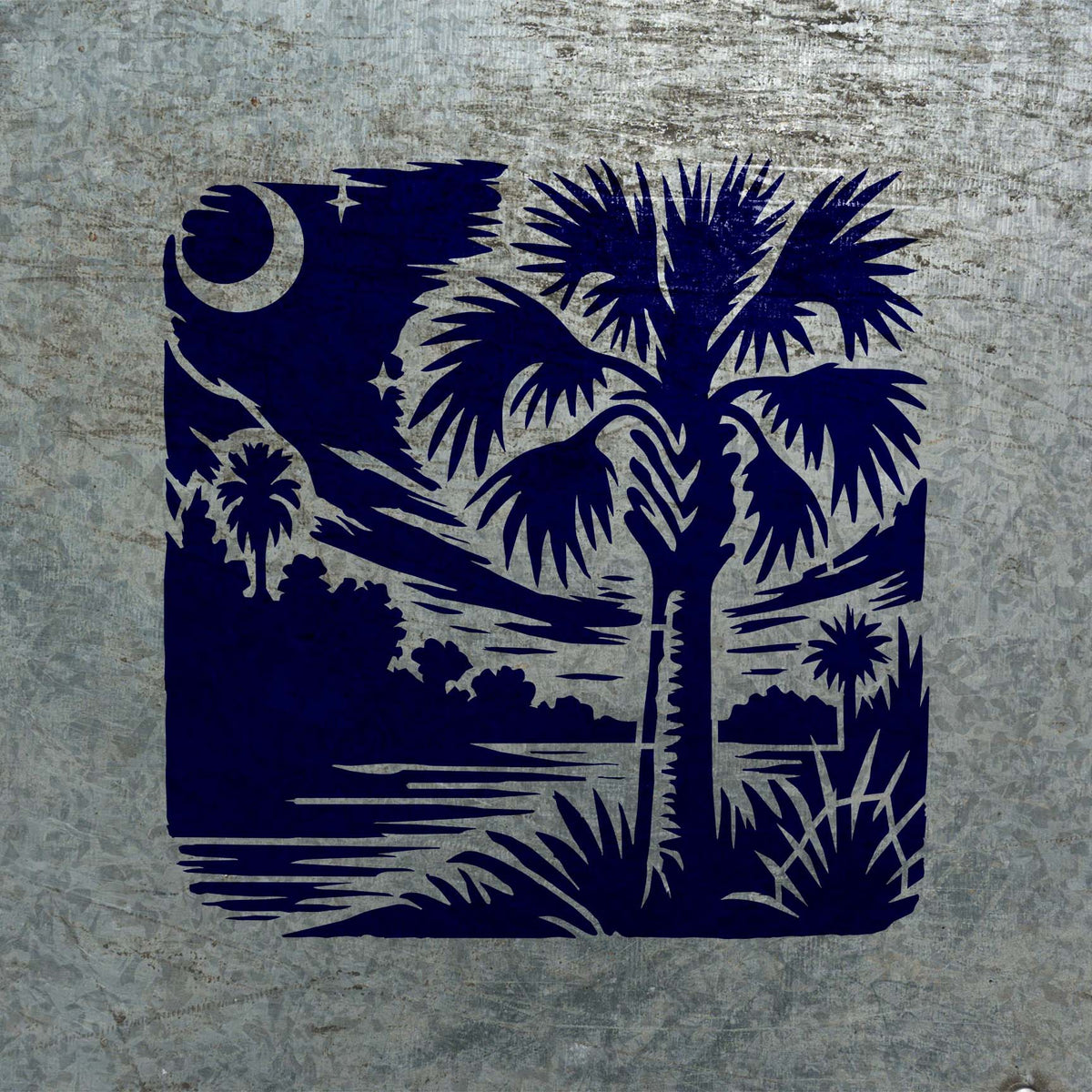 Deep blue Palmetto Tree Moonlit Landscape Stencil shows palms, crescent moon and water on metal