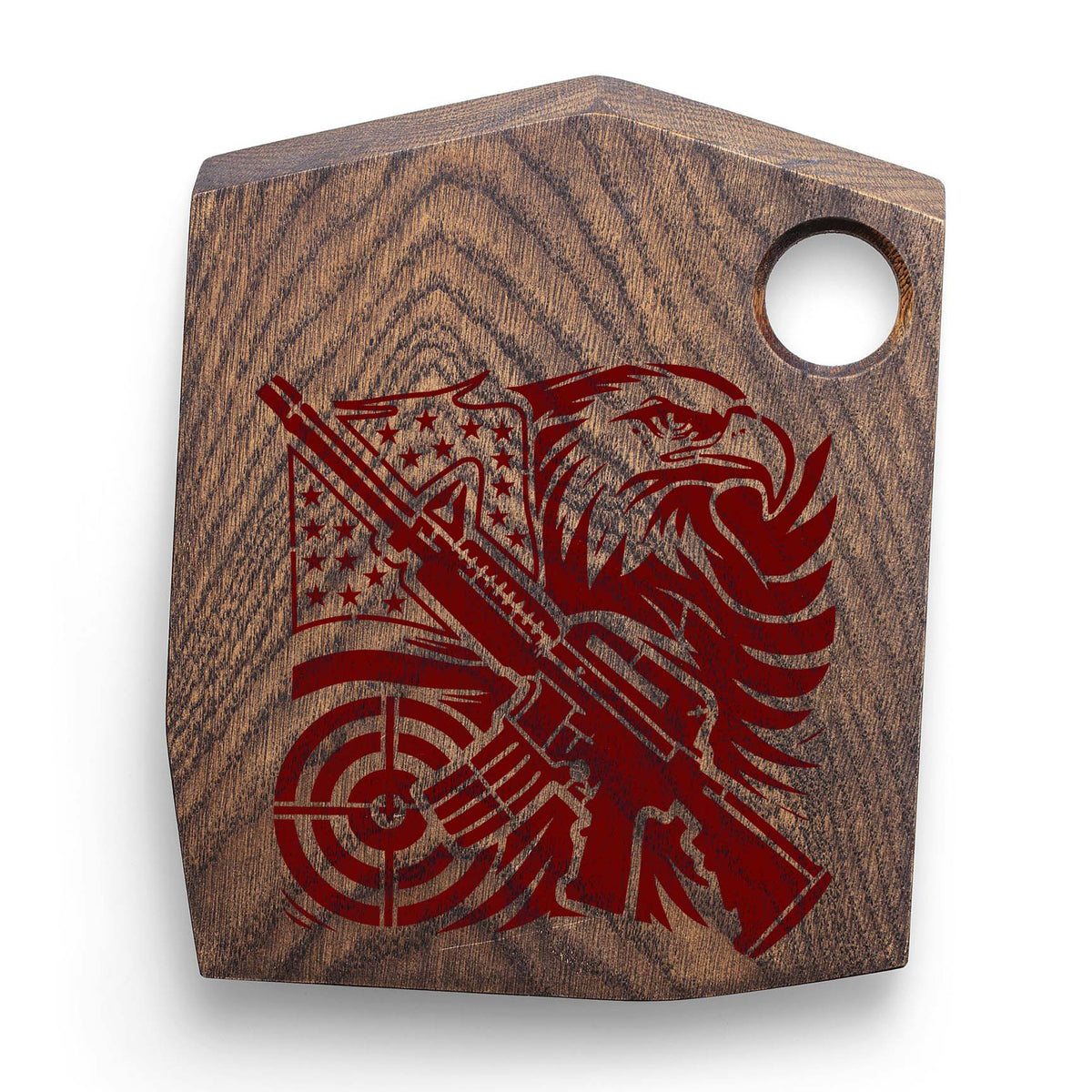 Red Patriotic Eagle and Rifle Stencil decorates a rustic wood board with eagle, flag, and target