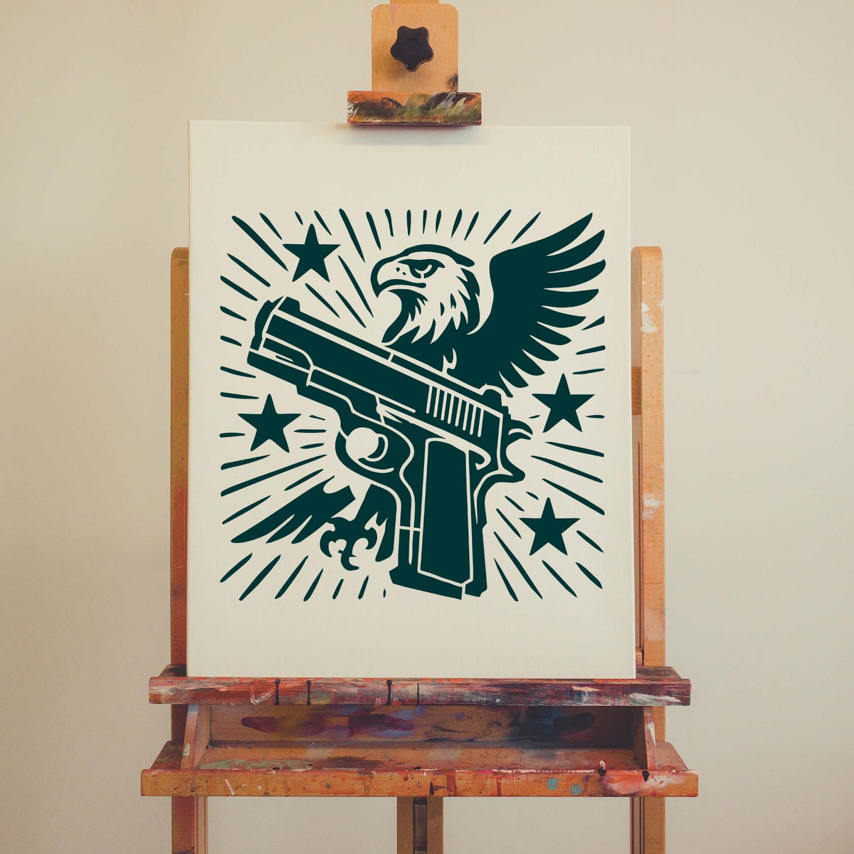 Patriotic Eagle and Handgun Stencil shows a soaring bald eagle, handgun, stars, and radiating lines.
