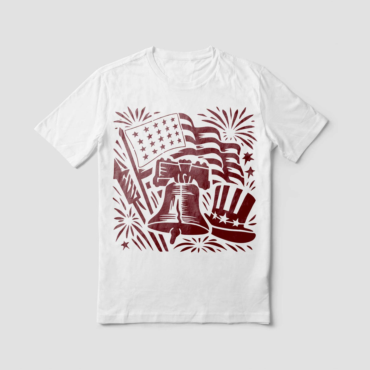 Patriotic Liberty Bell Celebration Stencil printed on a white shirt with flag and fireworks