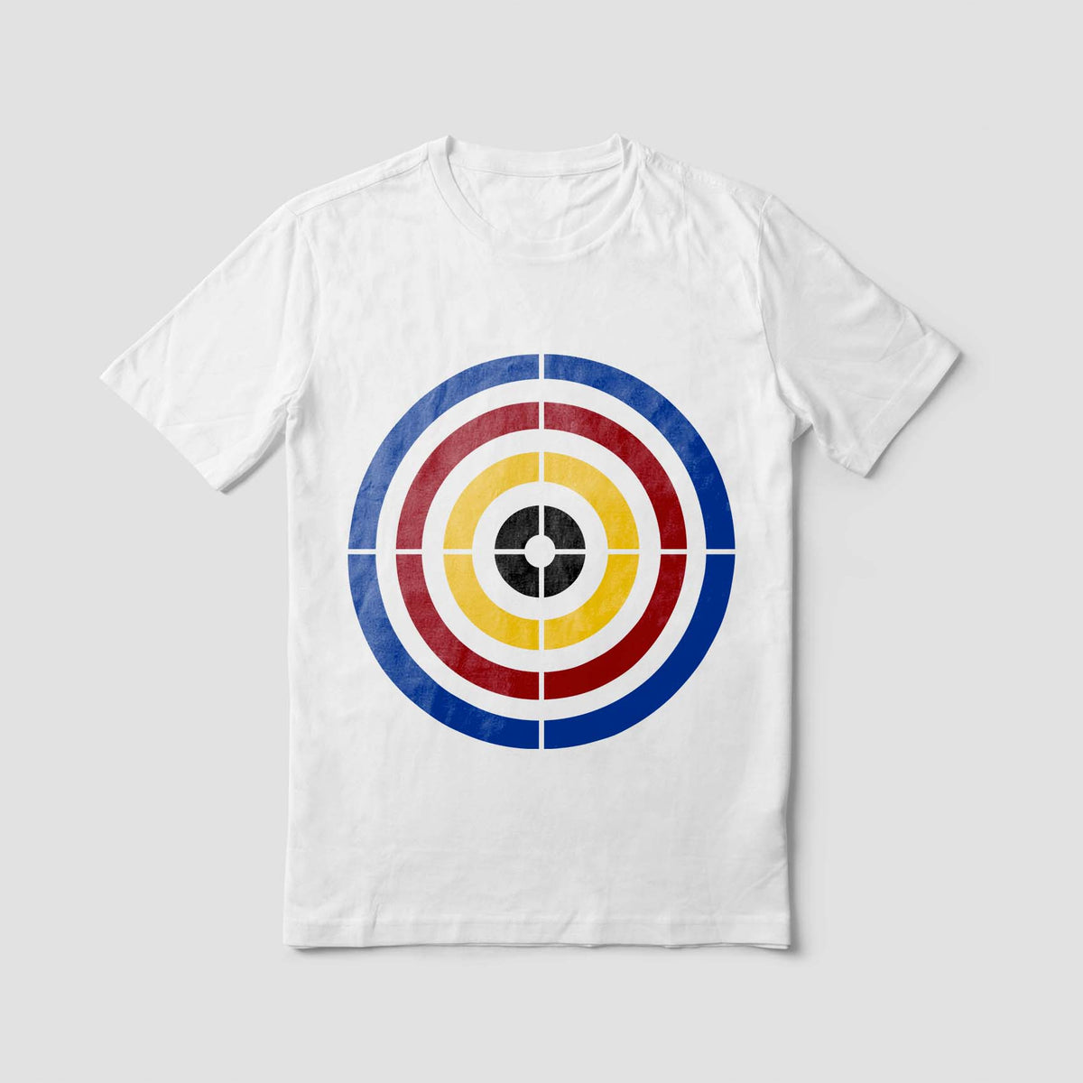 A white T-shirt showcases the Precision Concentric Target Stencil in colorful circular bands
