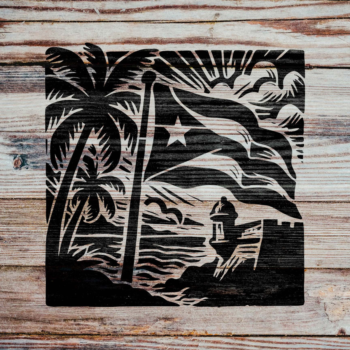 Bold Puerto Rico Flag & Coastal Fortress Stencil on rustic wood with palms and ocean scenery
