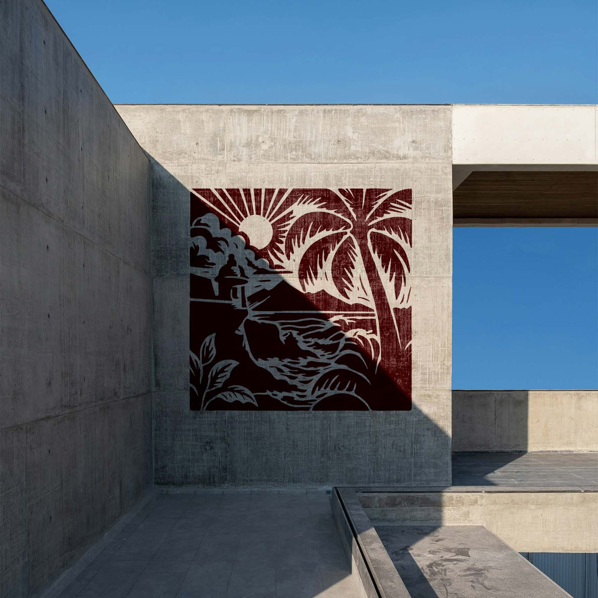 Puerto Rico Tropical Coastline Stencil brings palm trees, ocean waves and sunset to a concrete wall