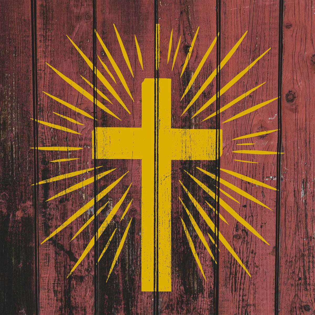 Bright yellow Radiant Cross Stencil spreads striking rays over weathered red wooden planks