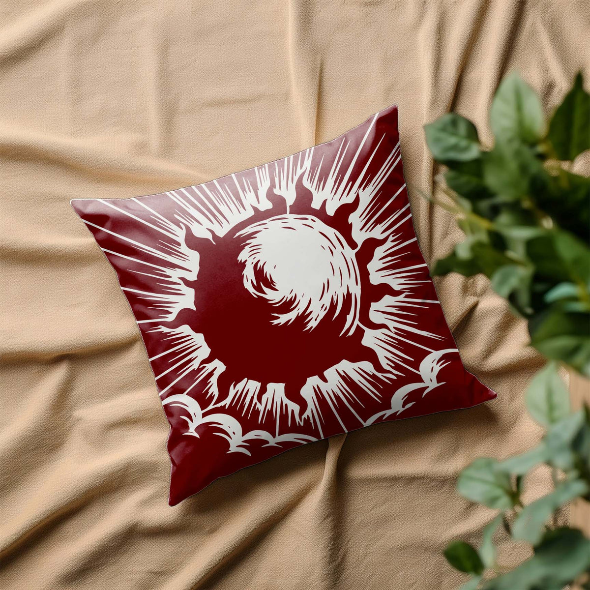 Radiant Solar Burst Stencil glows in white across a deep red decorative pillow