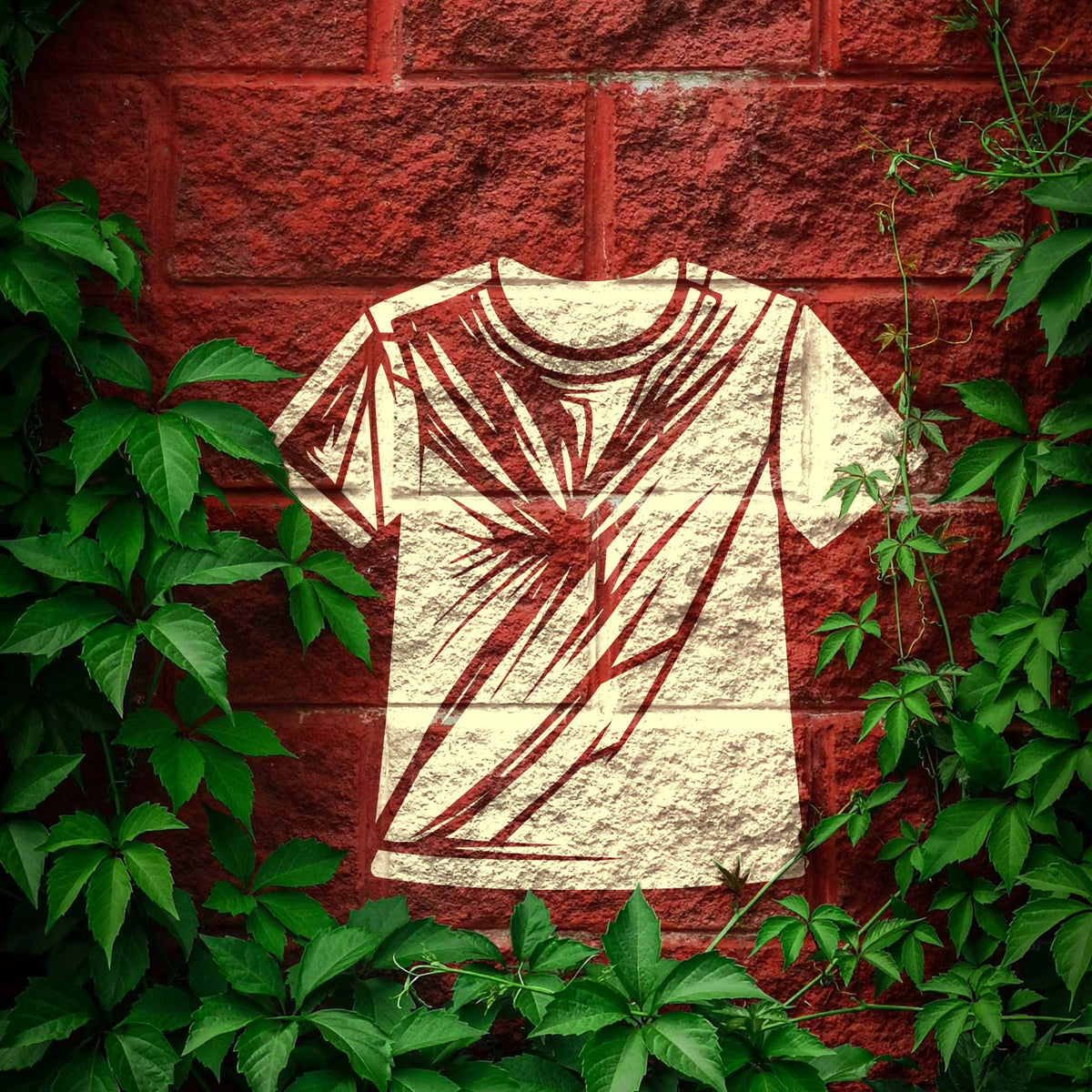Radiant T-Shirt Graphic Stencil stands out in cream against a red brick wall
