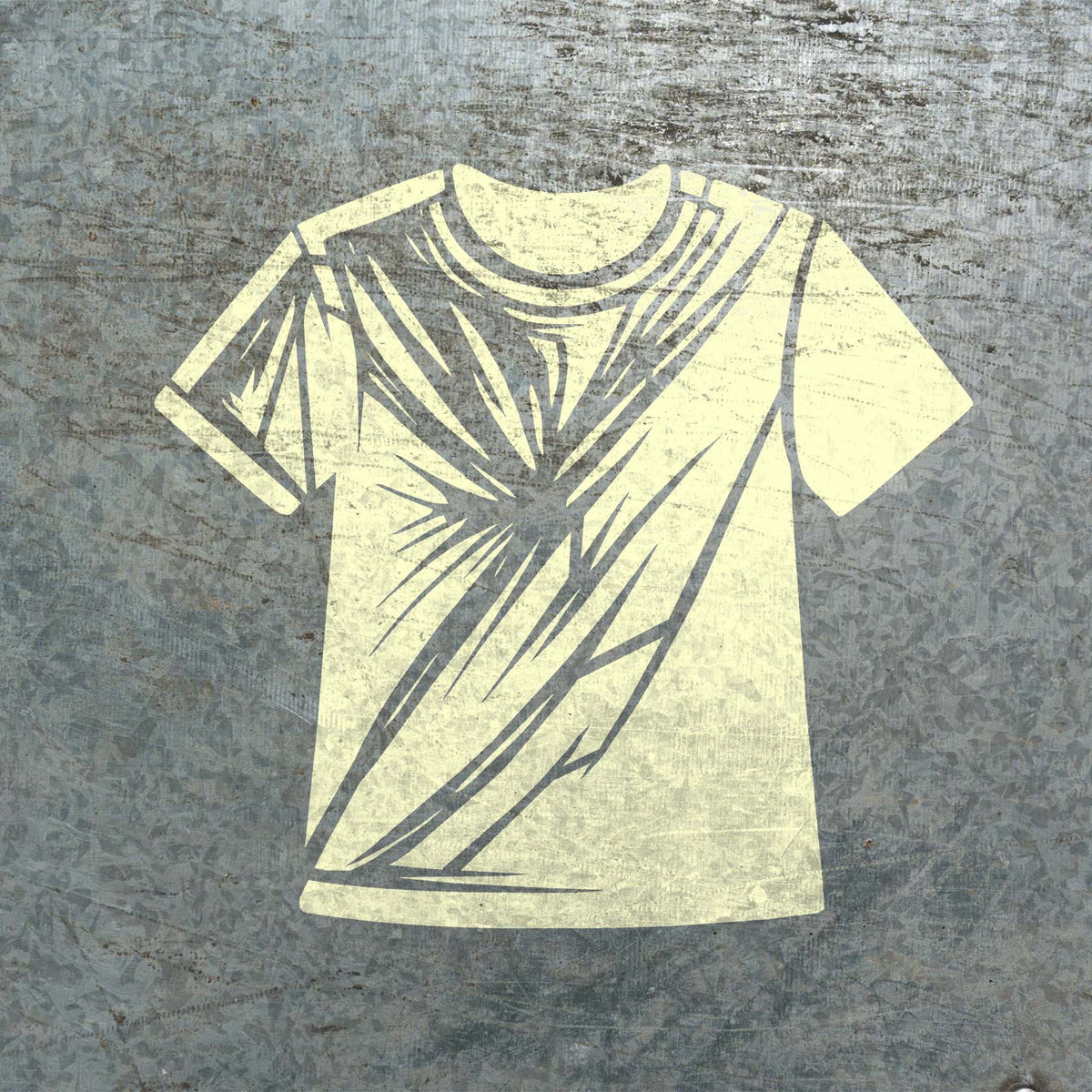 Cream Radiant T-Shirt Graphic Stencil displays angular linework on textured metal
