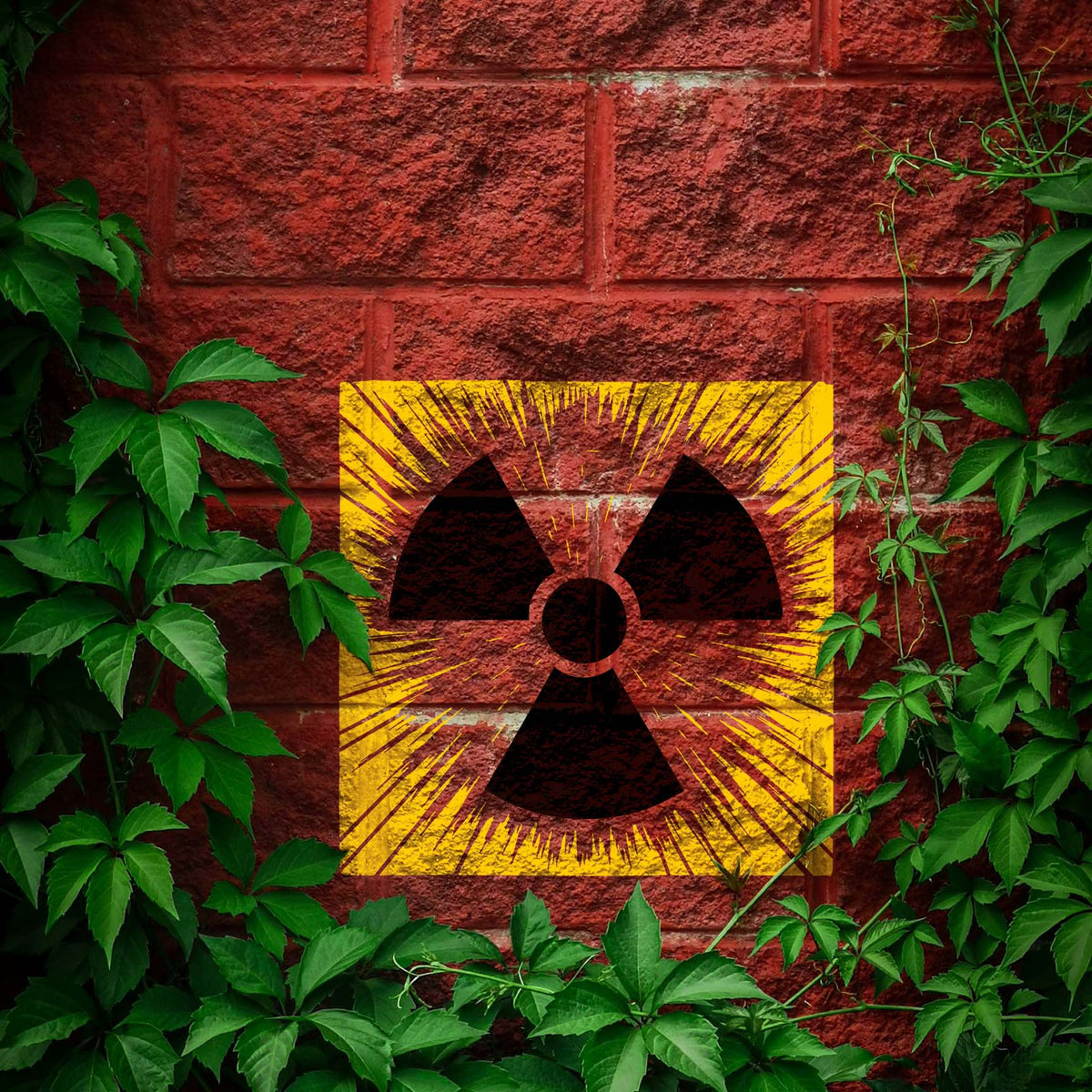 Radiation Trefoil Burst Symbol Stencil painted on a red brick wall framed by green vines