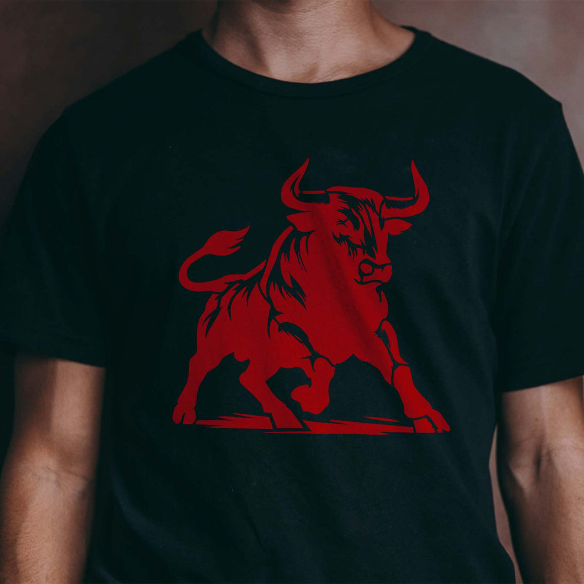 A bold red Raging Bull Stencil shows a fierce horned bull charging forward across a black T-shirt.