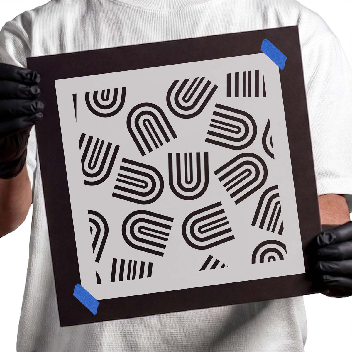 Rainbow Curve Pattern Stencil with scattered striped arch motifs in a retro abstract layout