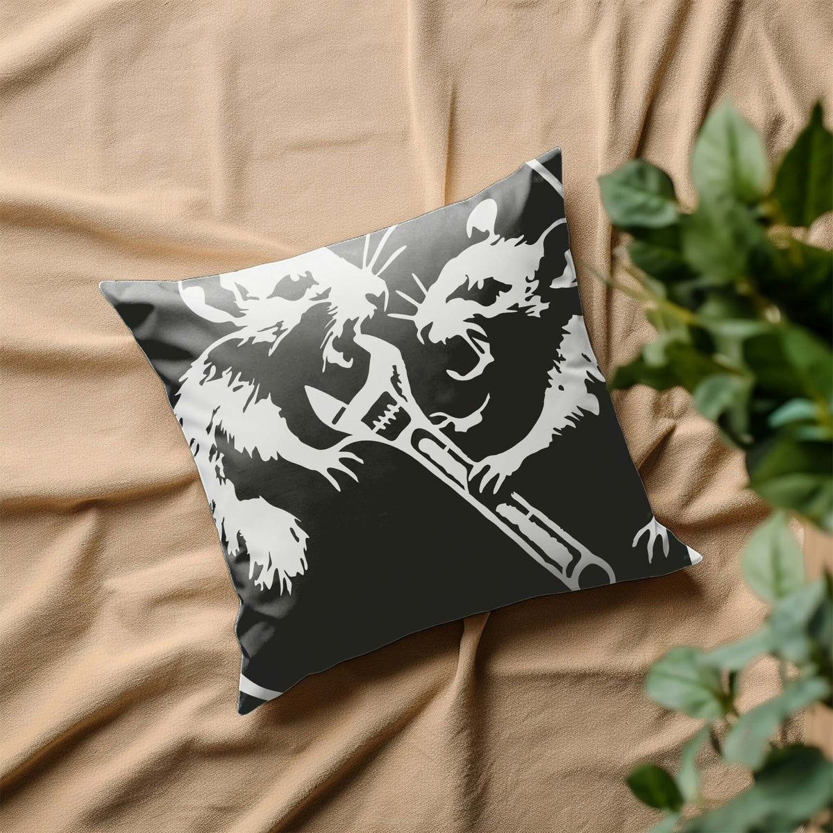 Bold Rats with Wrench Stencil features two battling rats around a wrench on a black pillow