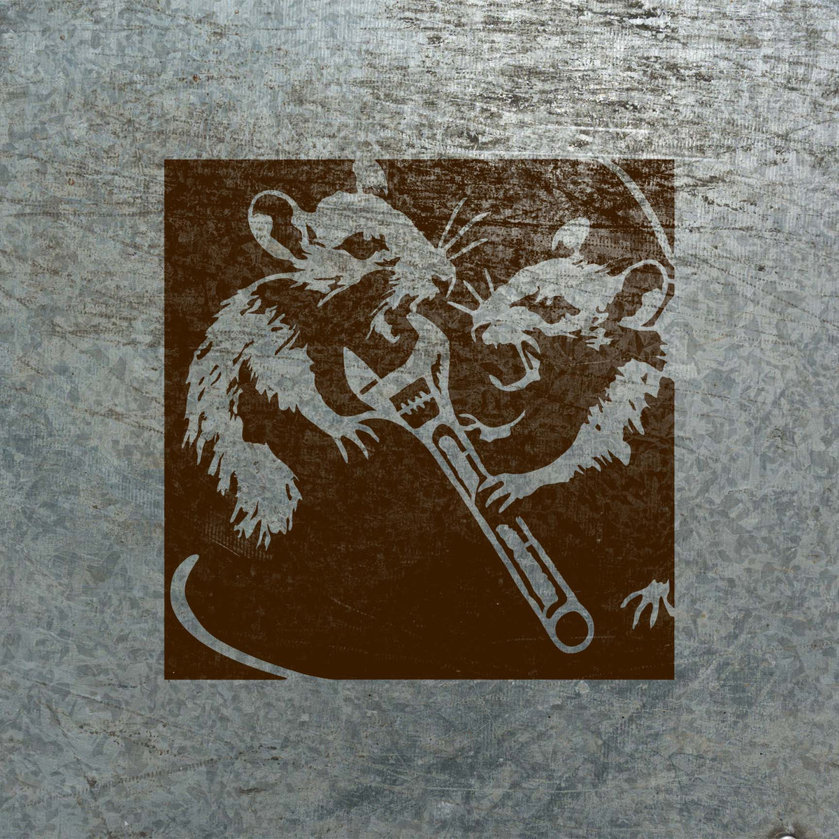Rust-toned Rats with Wrench Stencil depicts two fierce rats and a wrench on textured metal