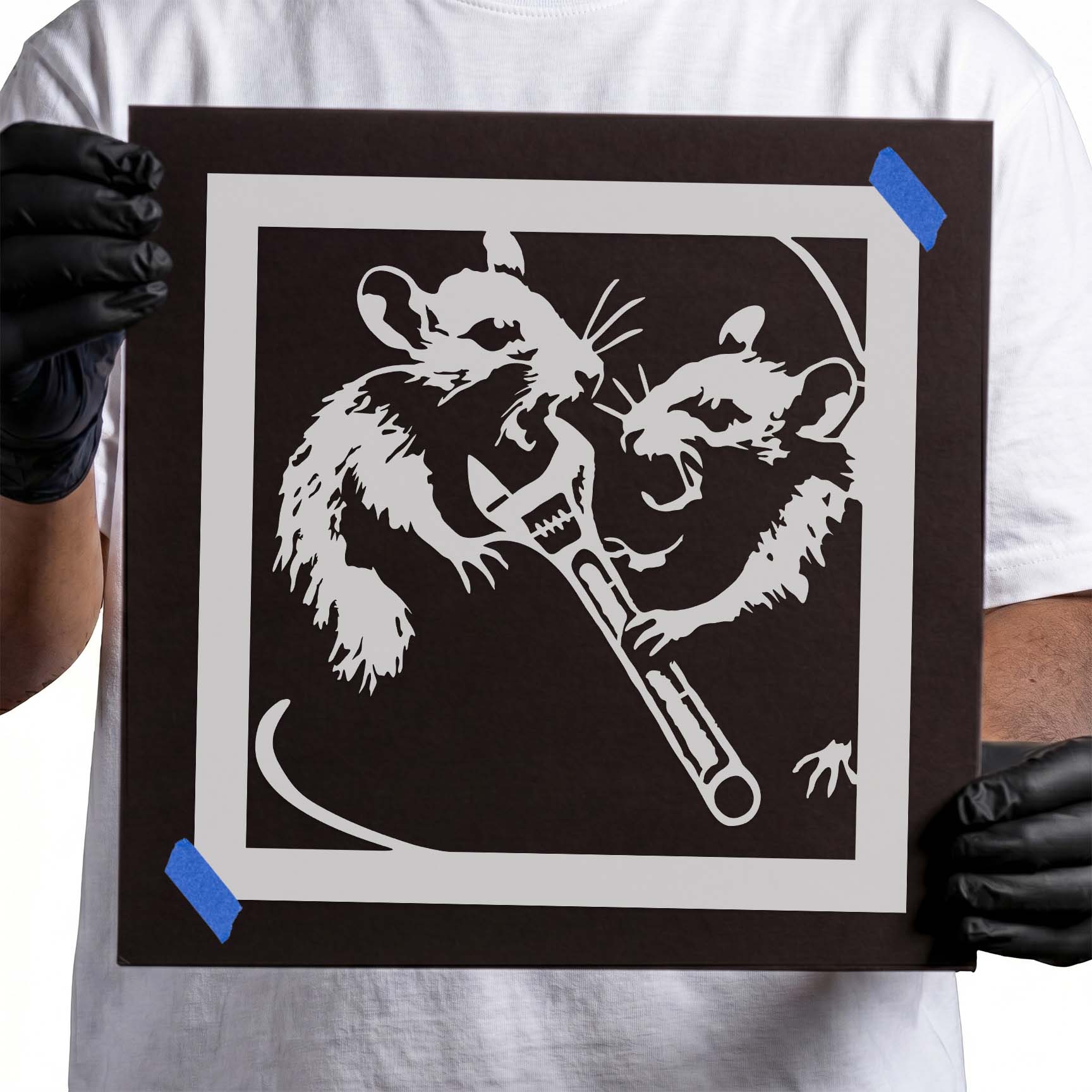 Two detailed rats tugging on a large wrench in a bold stencil illustration