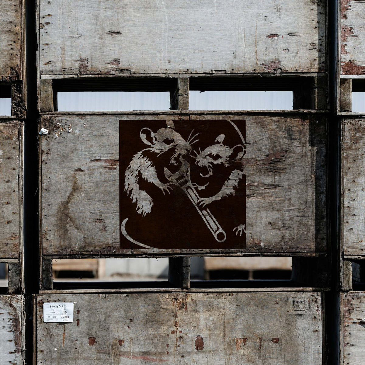 Rats with Wrench Stencil shows two snarling rats gripping a wrench on weathered wood