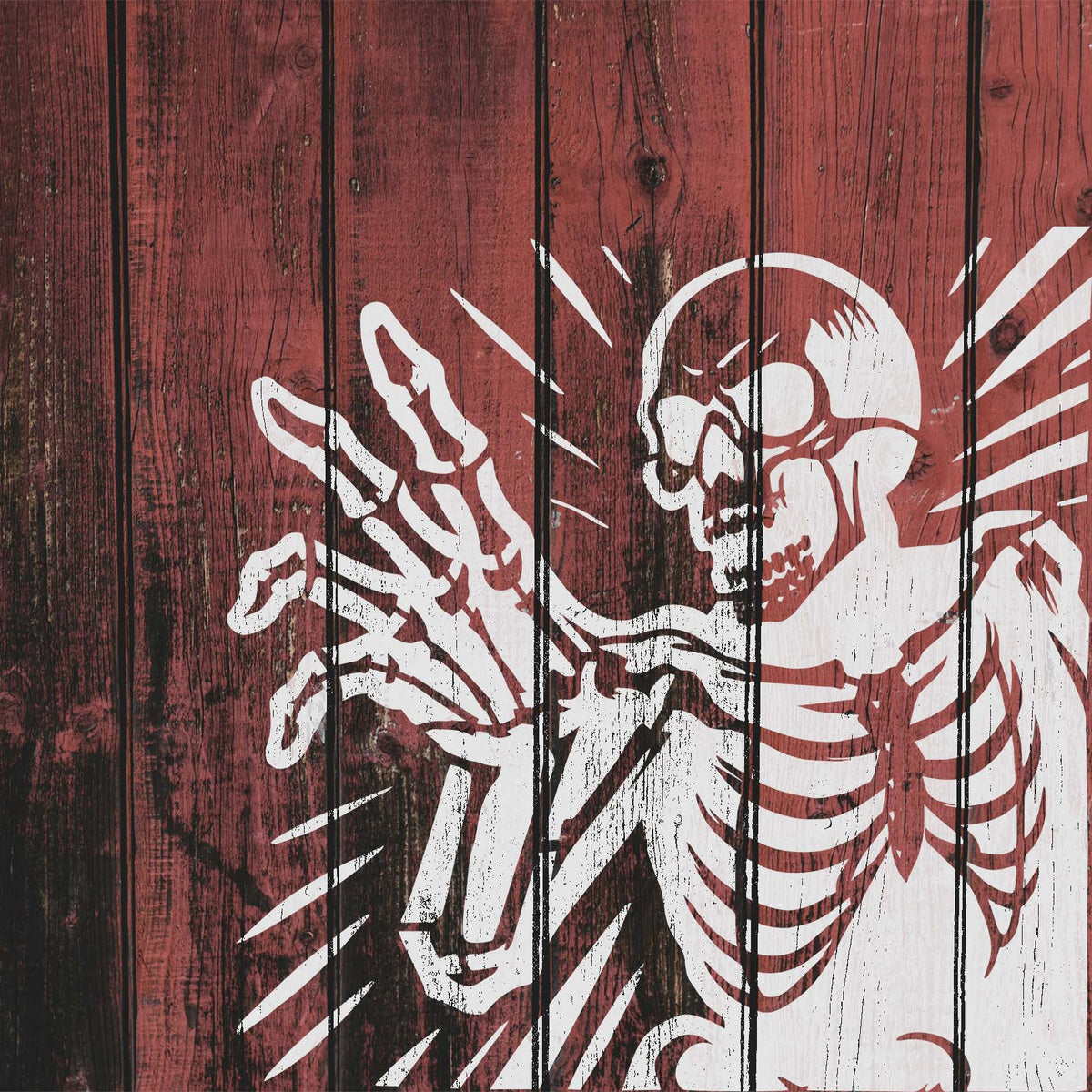 Reaching Skeleton Halloween Stencil displays an eerie outstretched hand on rustic red wood