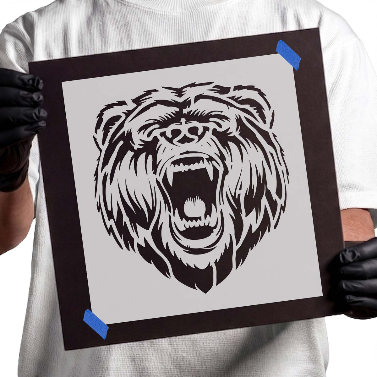 Roaring bear stencil with exposed fangs and detailed fur markings