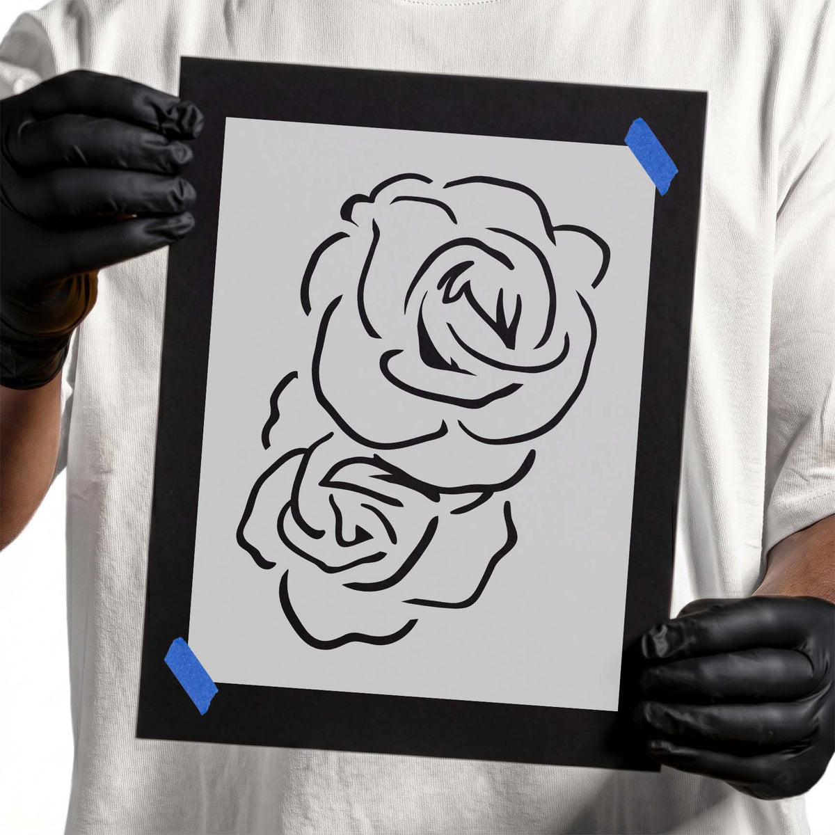 Two blooming roses stencil with flowing layered petal outlines