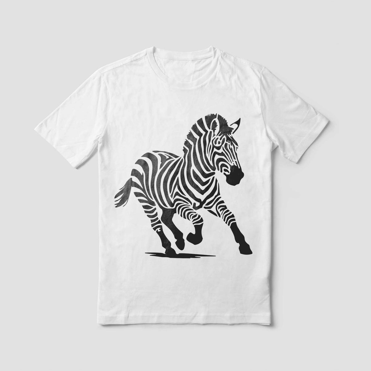 Running zebra stencil printed in black on a white shirt