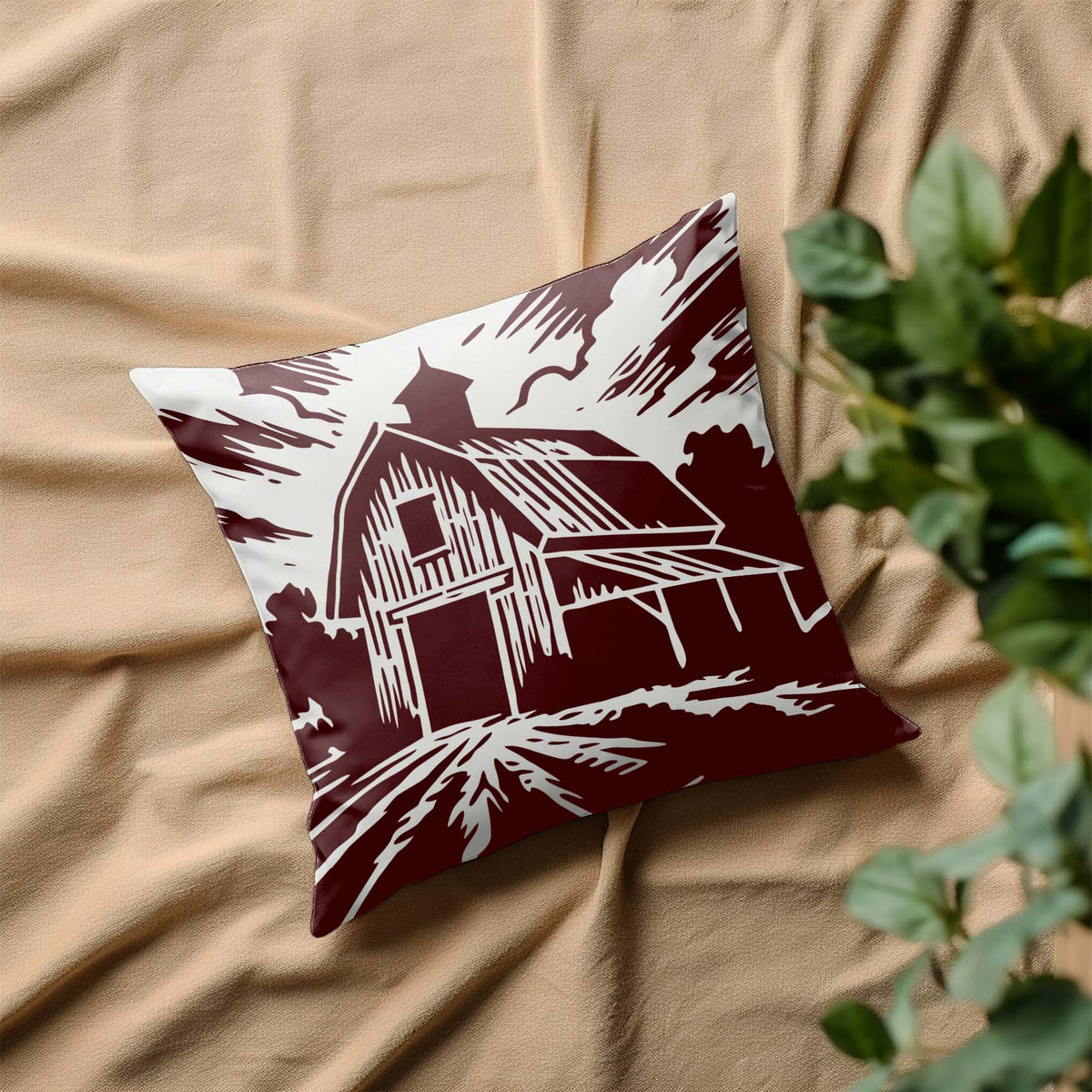 Rustic Country Barn Stencil brings a weathered farmhouse scene to a decorative pillow