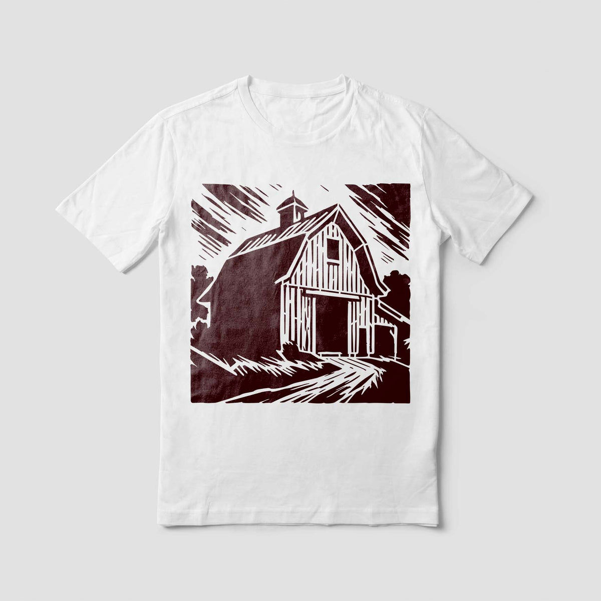 Rustic Gambrel Barn Stencil printed on a white T-shirt with a distressed look.