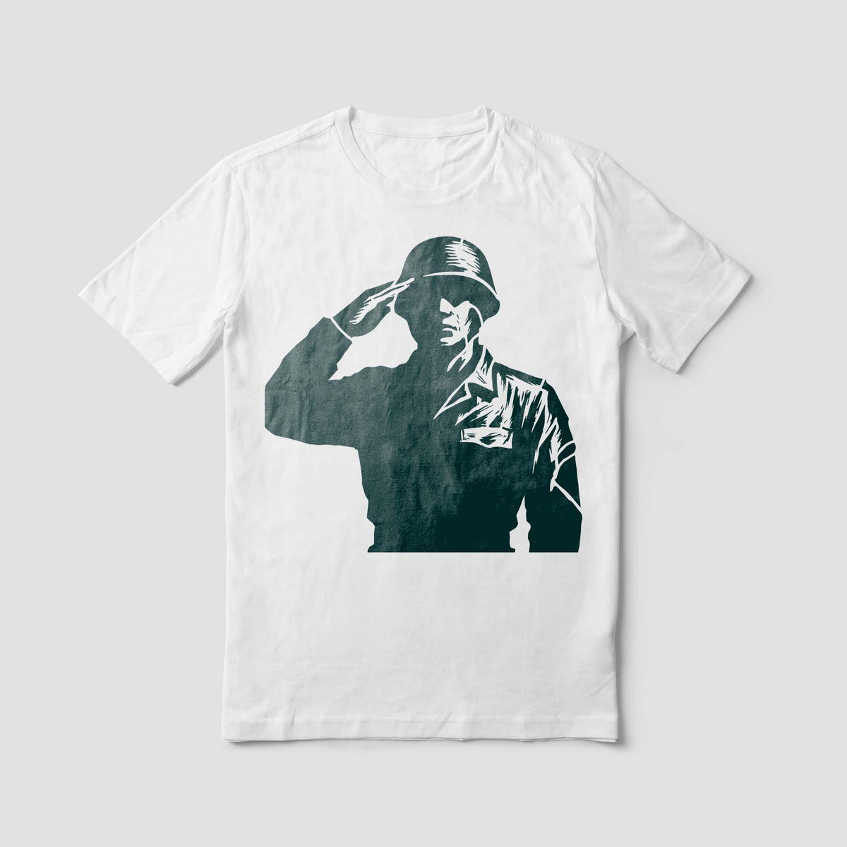Saluting Soldier Silhouette Military Stencil printed on a white T-shirt