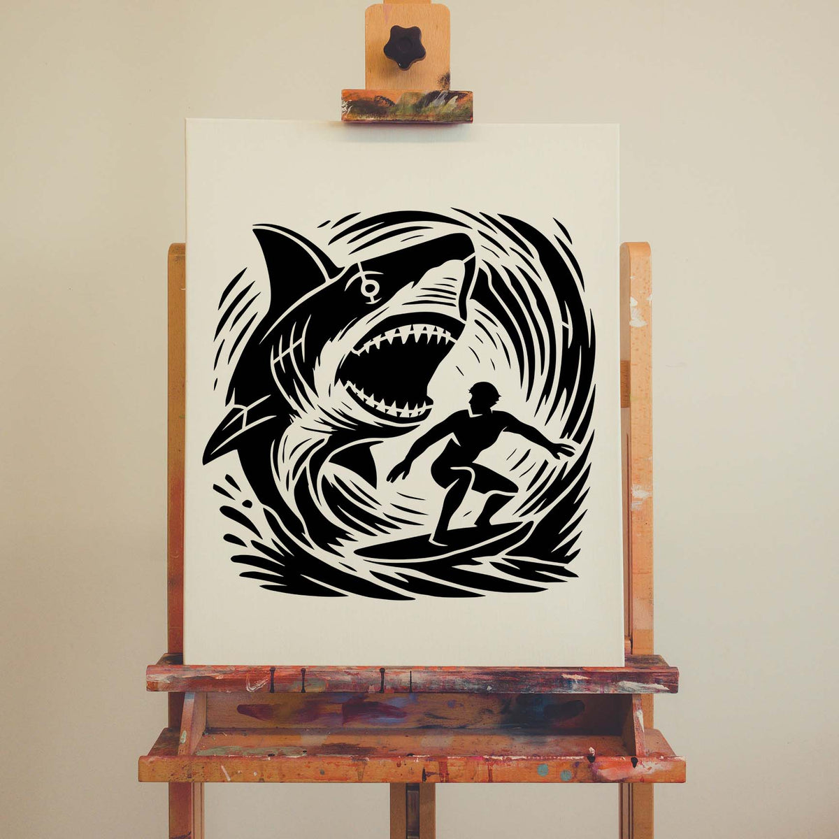 Shark Wave Chase Stencil shows a massive shark pursuing a surfer through crashing waves