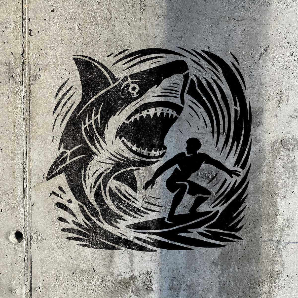Dramatic Shark Wave Chase Stencil painted in black across a textured concrete wall