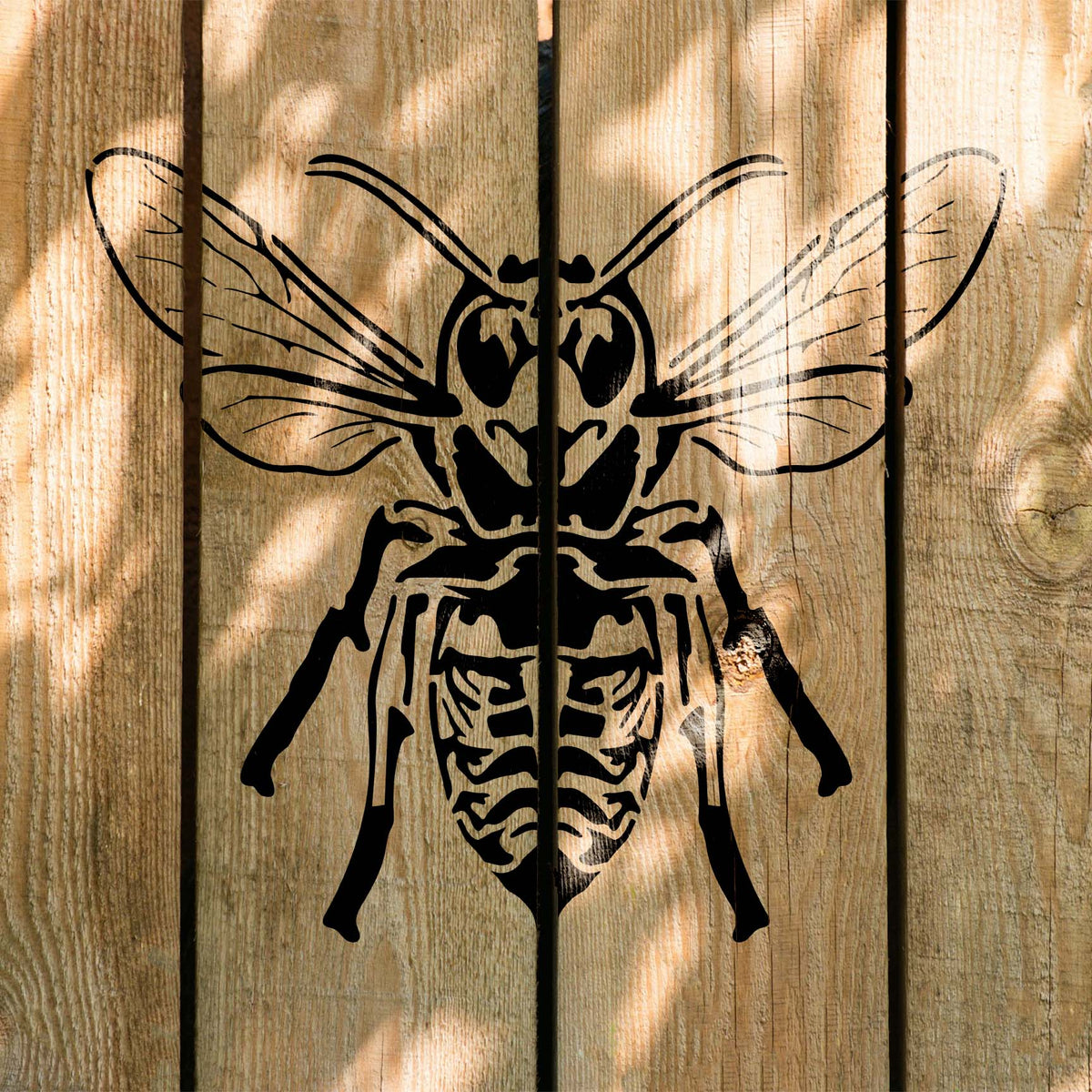 Sunlight dances across wooden planks beneath the Skeleton Bee Stencil, revealing intricate wings and ribbed markings.
