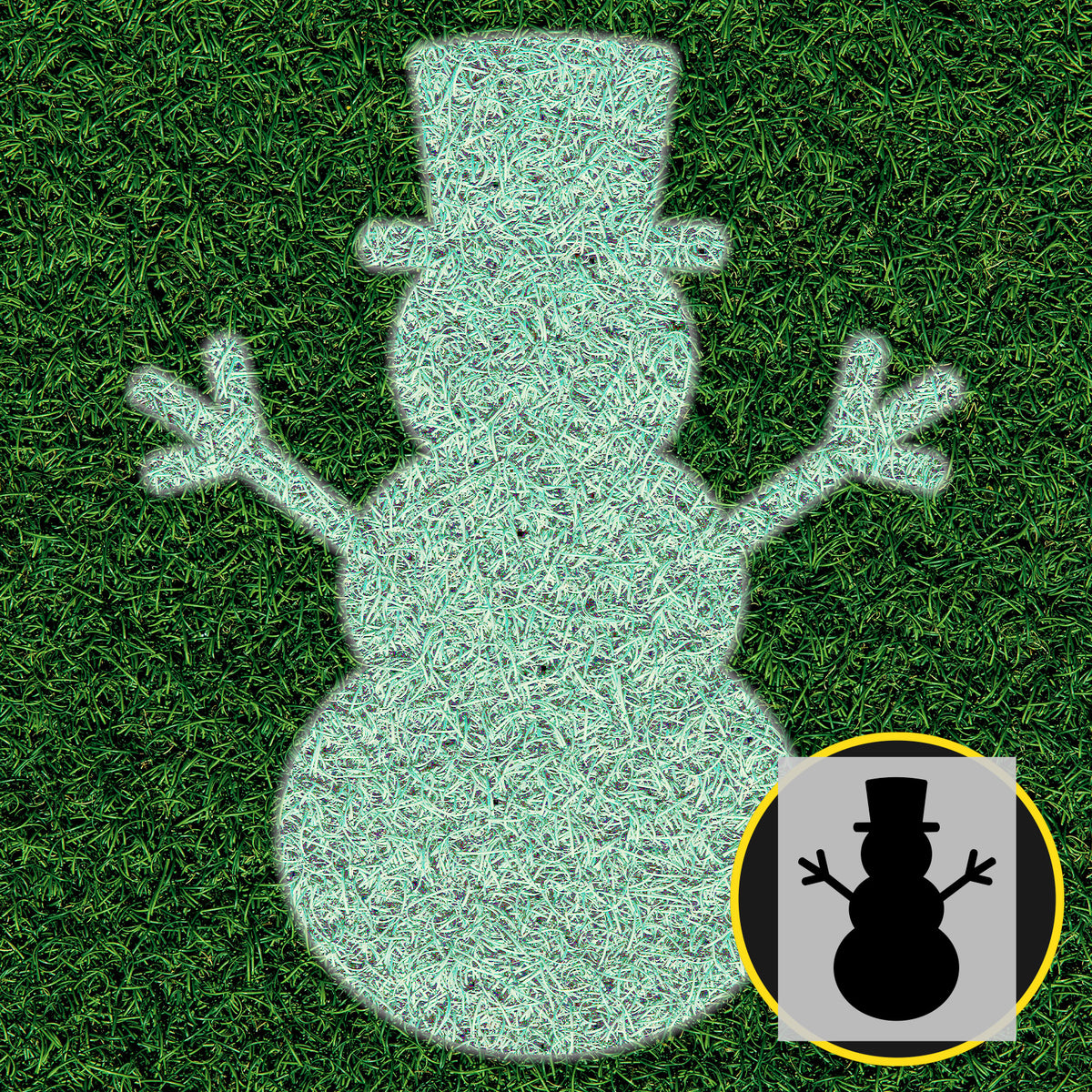 Snowman lawn stencil painted white on green grass