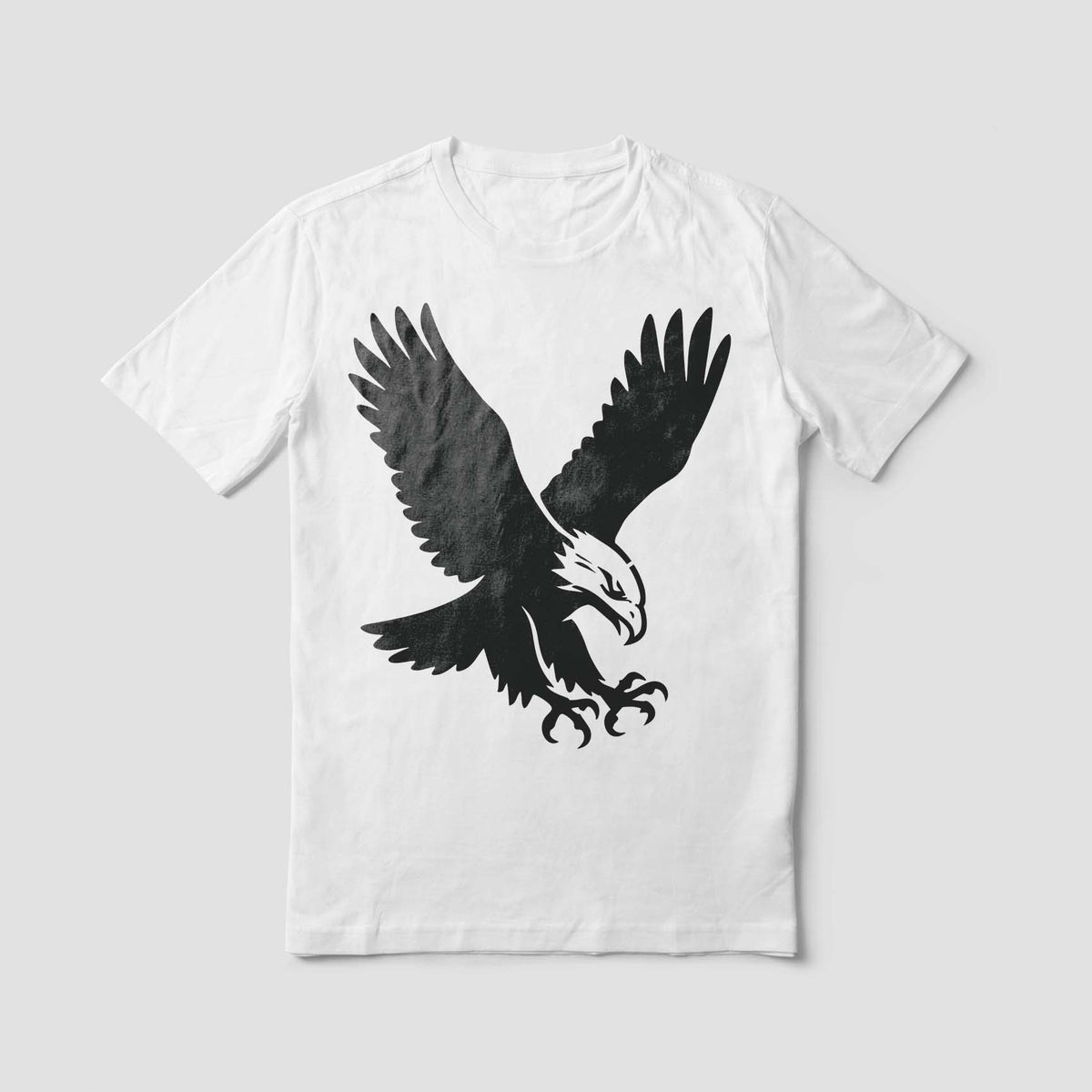 Bold black wings and fierce talons define the Soaring Eagle Talon Stencil printed on a white T-shirt.
