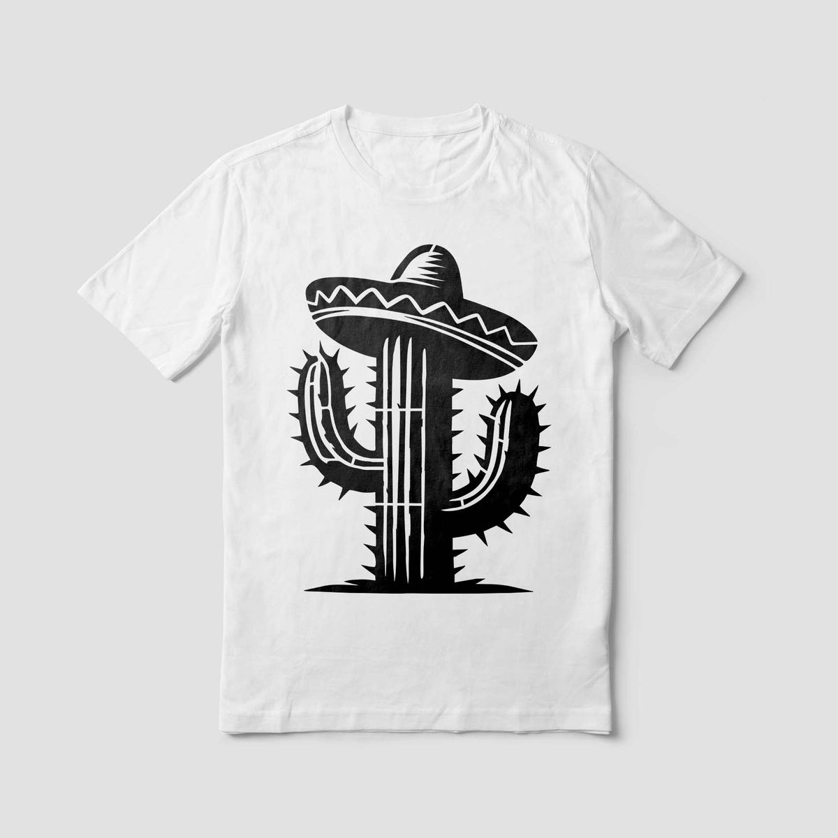 Bold Sombrero Cactus Stencil featuring a spiked cactus printed on a white shirt