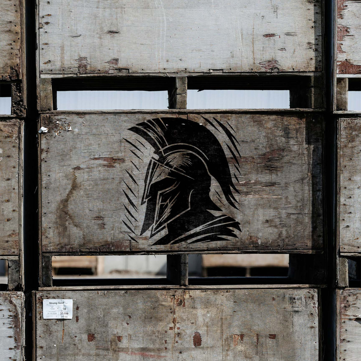 Ancient Spartan Warrior Helmet Stencil painted black on weathered wooden crates.