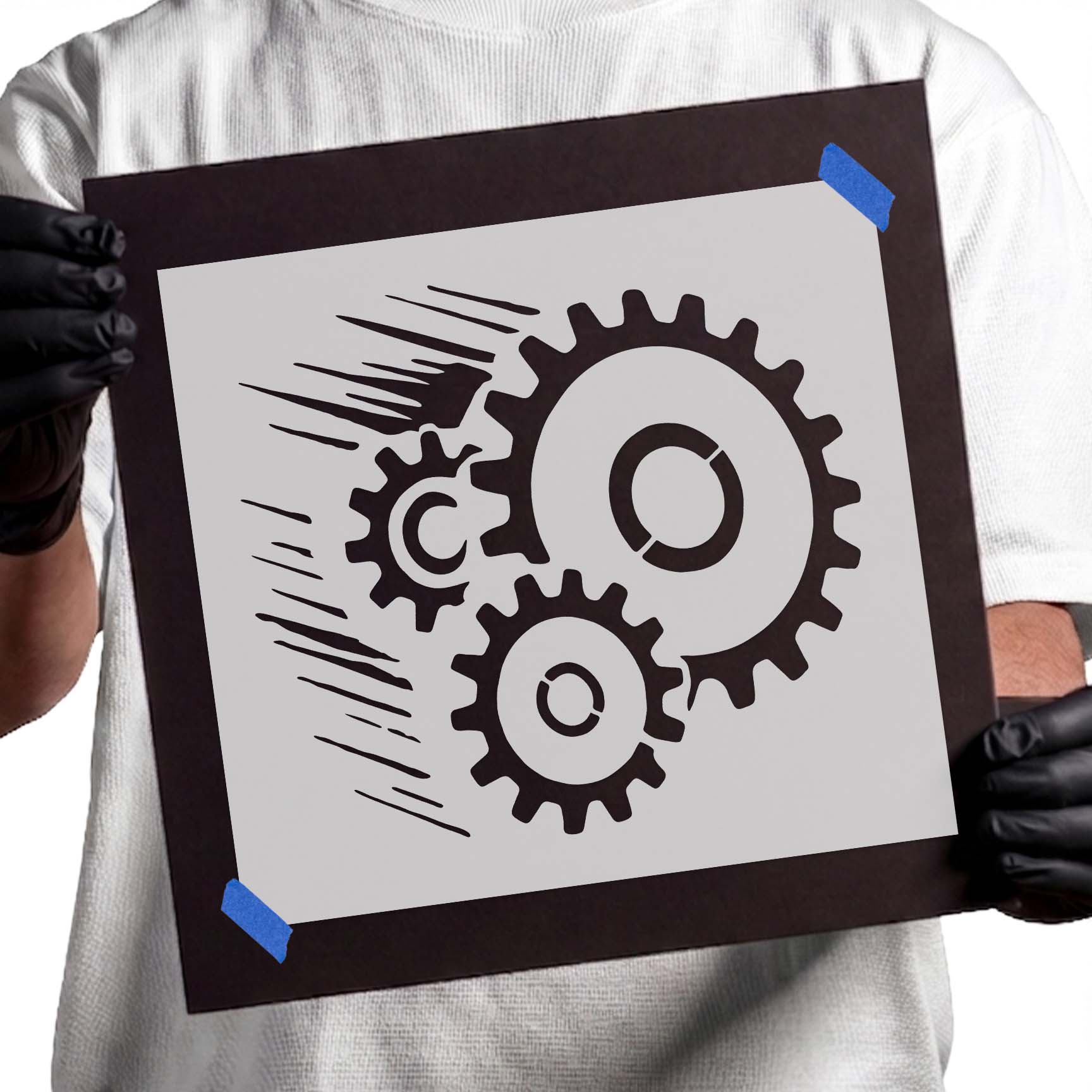Three interlocking gears with motion lines