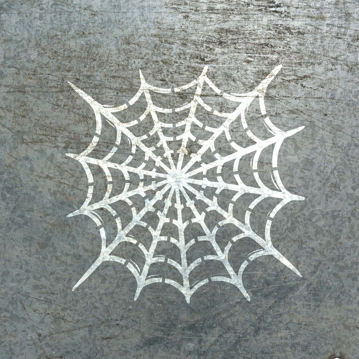 A bold Radial Spider Web Stencil appears in white against a scratched industrial metal surface