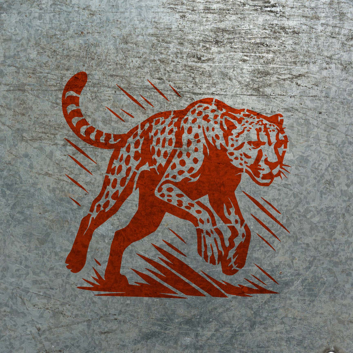 Bold sprinting cheetah stencil racing across a weathered metal surface