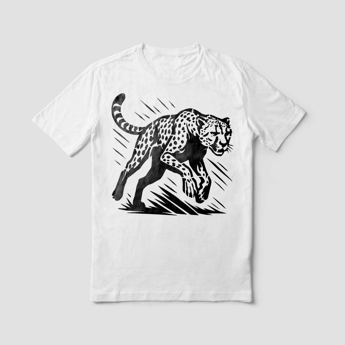 Striking sprinting cheetah stencil graphic printed on a crisp white T-shirt