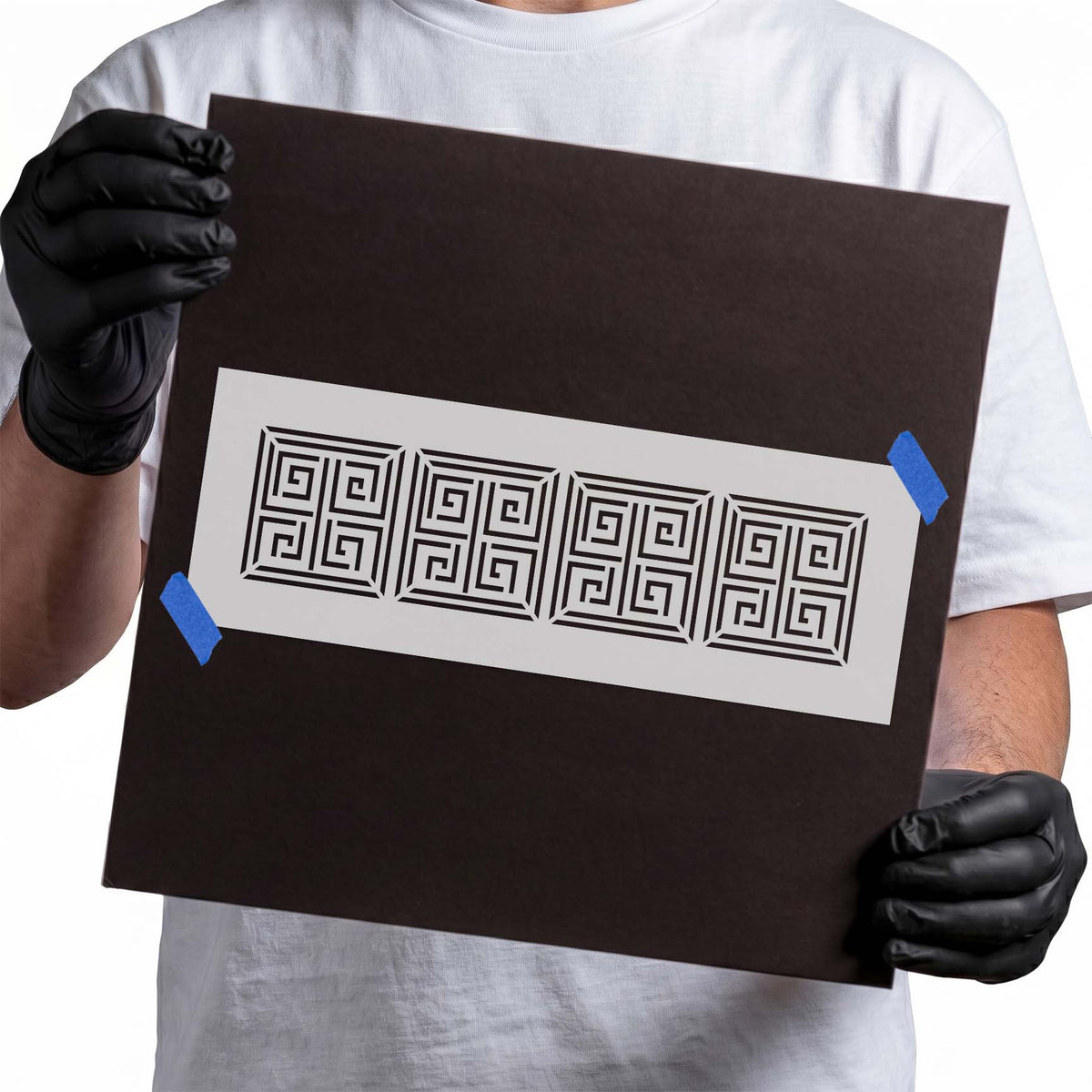 Square Swirl Pattern Stencil displayed as a repeating geometric border stencil with framed swirl squares