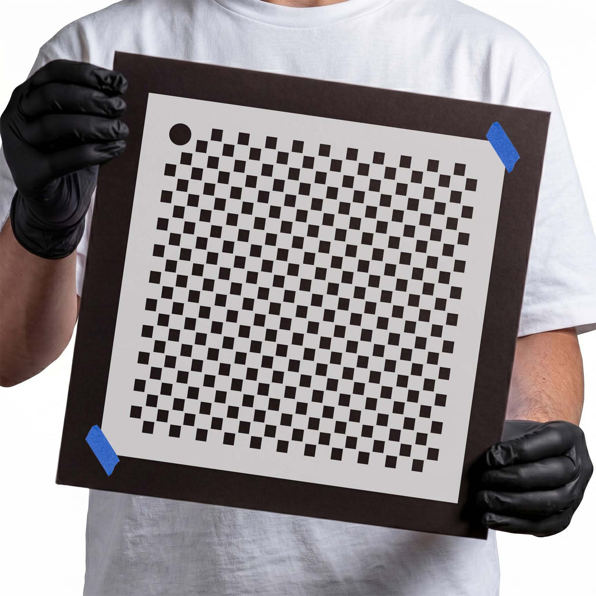 Square Pattern Circle Stencil featuring staggered rows of small squares and one circular accent