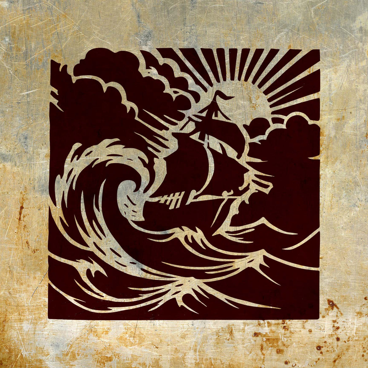 Stormy Seas Sailing Ship Stencil with dramatic waves on distressed metal surface
