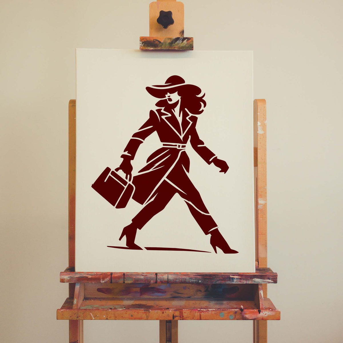 Stylish Woman Walking with Handbag Stencil depicts a fashionable lady in a wide-brim hat on canvas.