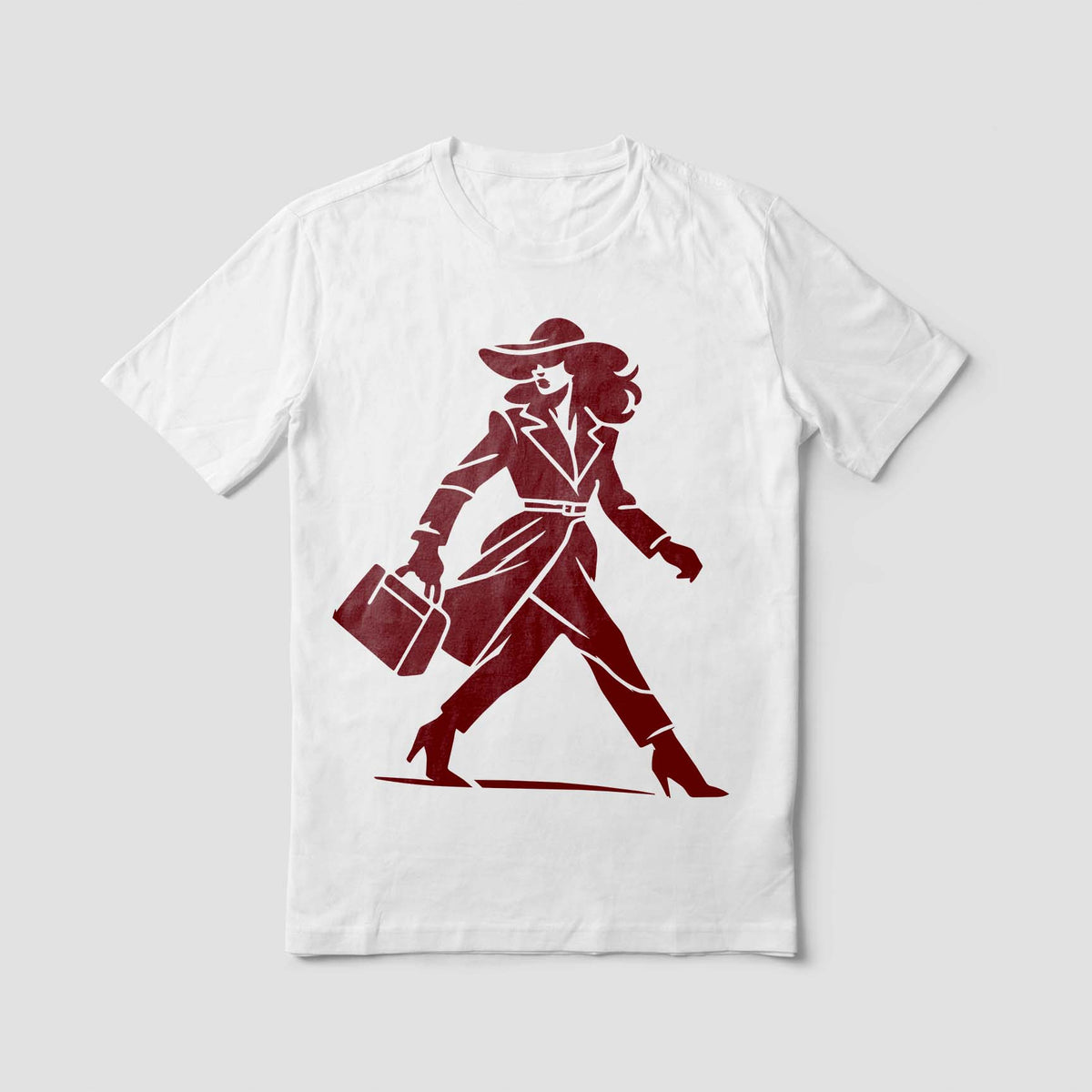 A burgundy silhouette from the Stylish Woman Walking with Handbag Stencil adorns a white T-shirt.